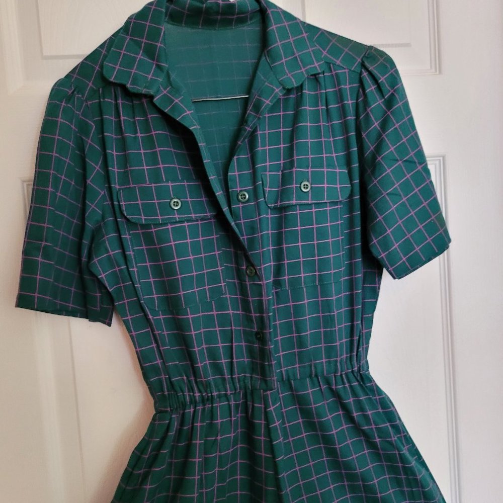 Vintage Green Midi Dress with Pink Windowpane Grid